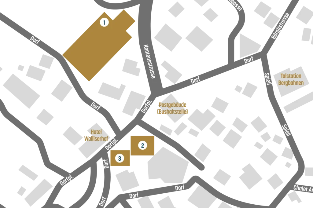 Situationsplan Grächen: Mountainlodge, Restaurant Piazza, Parkhaus